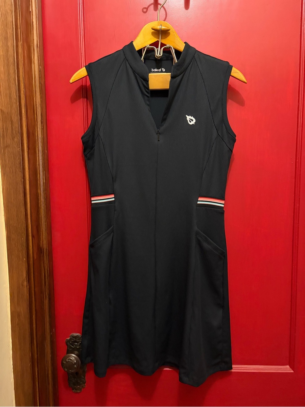 NWT Baleaf Black Sleeveless 3/4 Zip Athletic Dress with striped trim cutout back